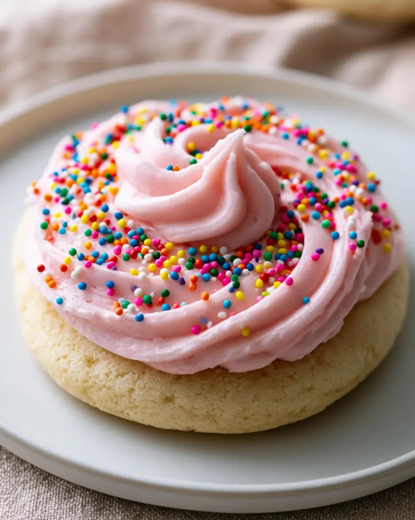 Top view of birthday cake cookies with thick pastel pink frosting and vibrant rainbow nonpareils.