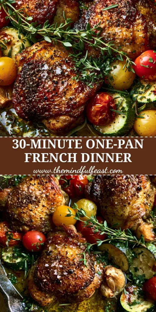 A rustic black cast iron skillet containing crispy golden-brown chicken thighs, blistered red and yellow cherry tomatoes, and charred zucchini rounds. (Provençal recipes)