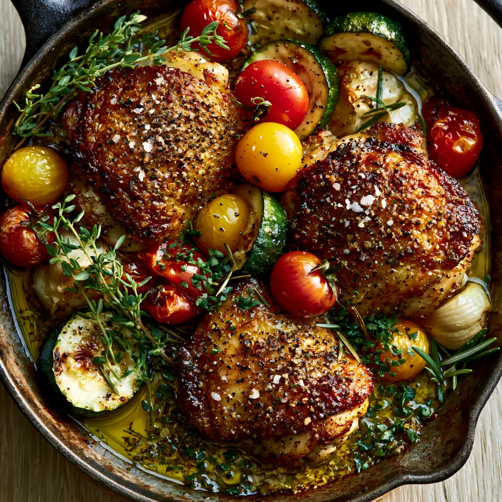 Detailed shot of blistered red and yellow cherry tomatoes nestled next to charred zucchini slices and a glossy olive oil herb sauce.