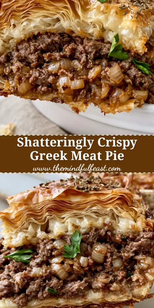 Greek Meat Pie (Kreatopita): The Ultimate Shatteringly Crisp Savory Pastry 4 A handheld smartphone photo of a thick slice of Greek Meat Pie being lifted from a rustic ceramic dish, showing golden-brown phyllo layers and juicy beef. (Greek Meat Pie)