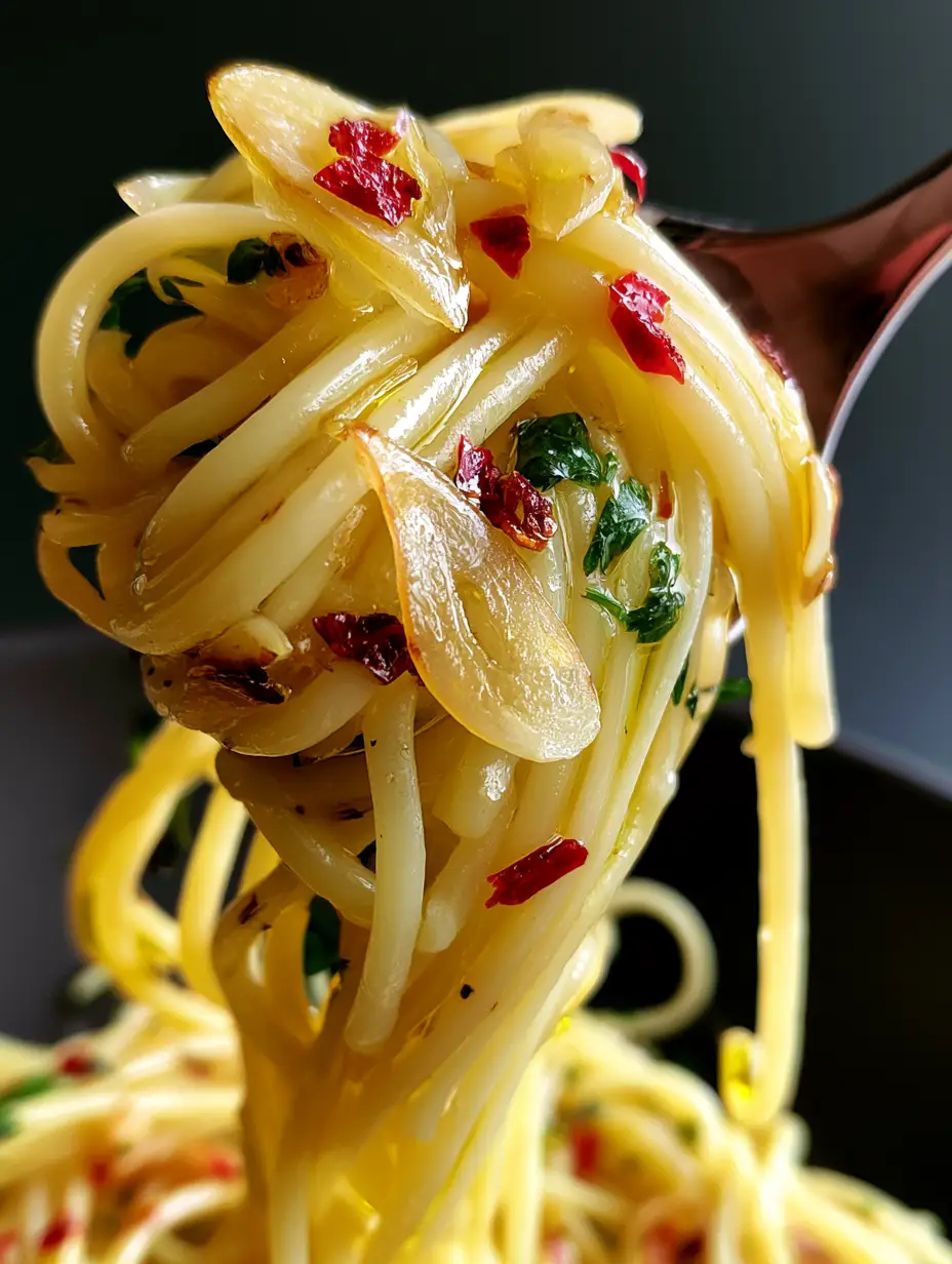 Spaghetti Aglio e Olio: The Ultimate Guide to Perfect Golden Garlic Pasta 3 Macro close-up of Spaghetti Aglio e Olio showing glistening olive oil and translucent toasted garlic slivers.