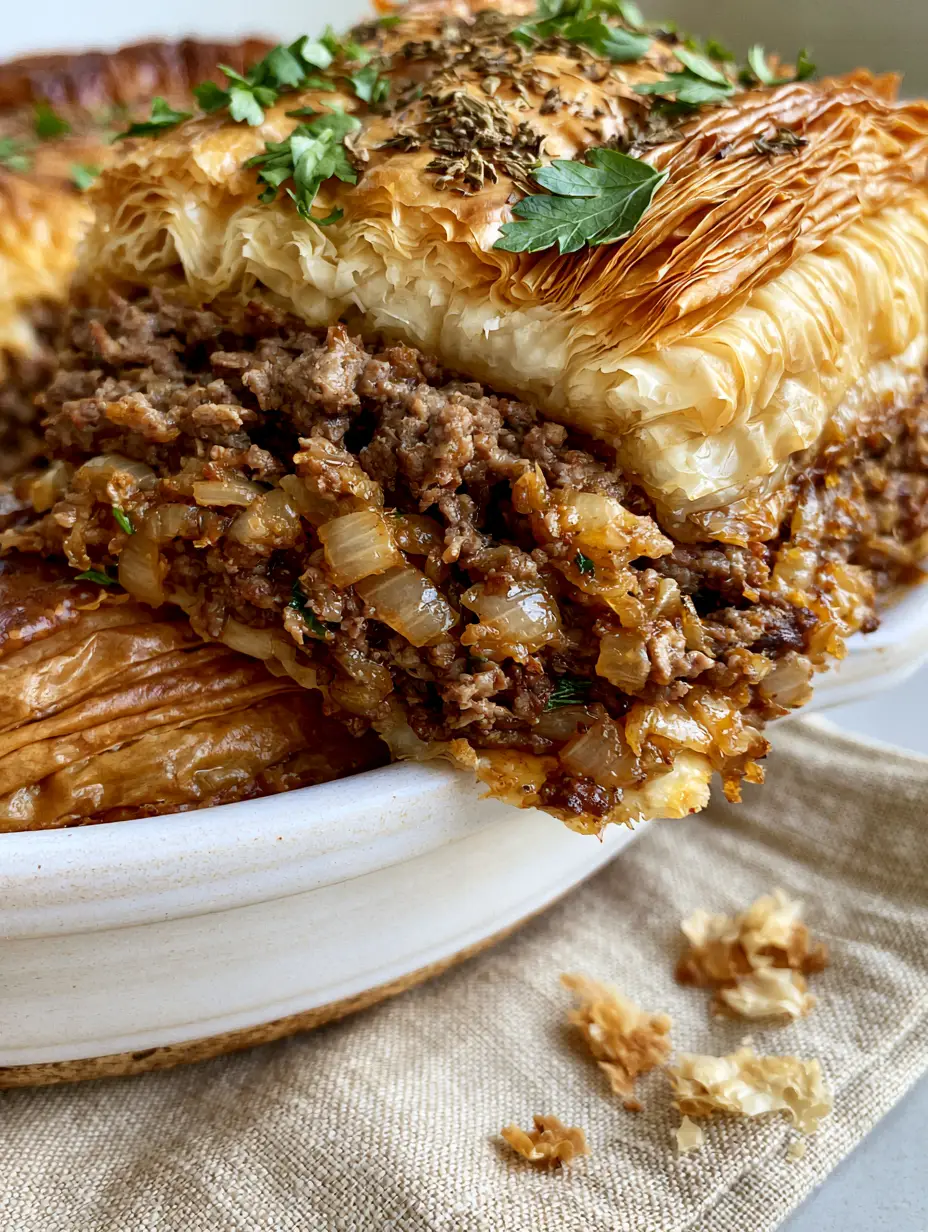 Greek Meat Pie (Kreatopita): The Ultimate Shatteringly Crisp Savory Pastry 3 Close up of golden-brown buttered phyllo pastry layers on a Greek Meat Pie with fresh parsley specks. (Greek Meat Pie)