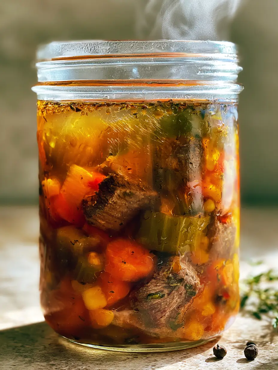 Soup to Can Recipes: The Ultimate Vibrant Vegetable Beef Jar 3 Vertical close-up of seared beef cubes and orange carrots in a translucent amber soup broth. (soup to can recipes)