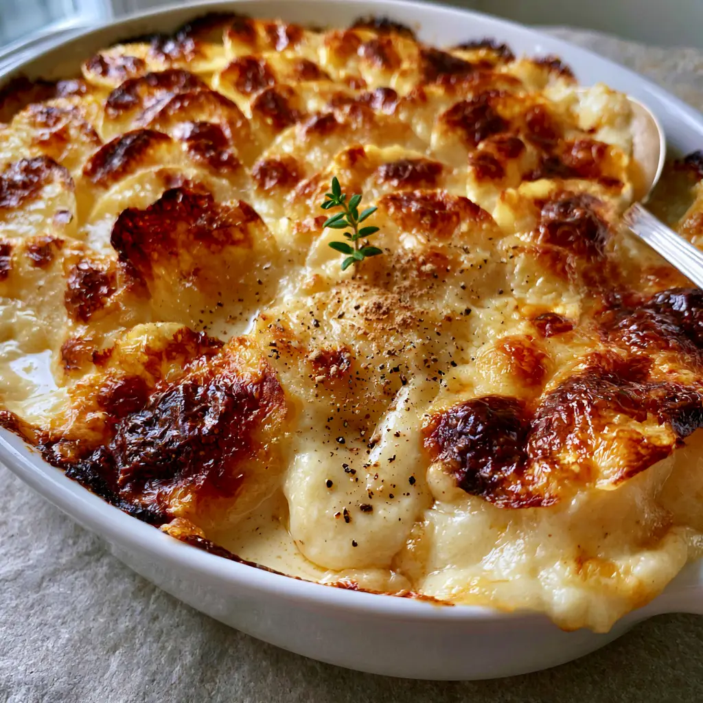 A silver spoon lifting a steaming portion of potato gratin, revealing soft interior layers and a charred cheese top.