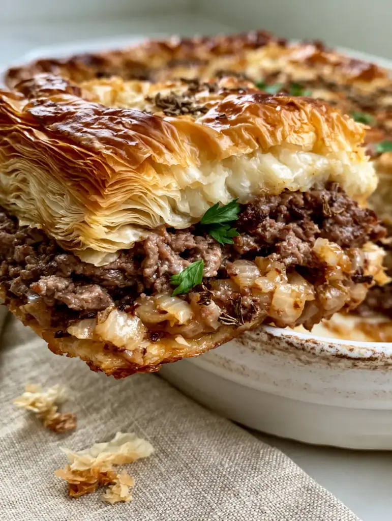 Greek Meat Pie (Kreatopita): The Ultimate Shatteringly Crisp Savory Pastry 1 A thick slice of Kreatopita on a neutral linen napkin with flaky phyllo crumbs and soft afternoon sunlight. (Greek Meat Pie)