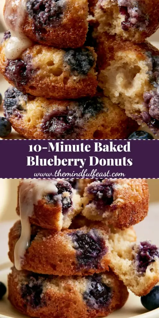 Baked Blueberry Donuts with Thick Vanilla Bean Glaze 4 A stack of three fluffy baked blueberry donuts with a thick glossy vanilla bean glaze and bursting purple berries on a matte ceramic plate. (baked blueberry donuts)