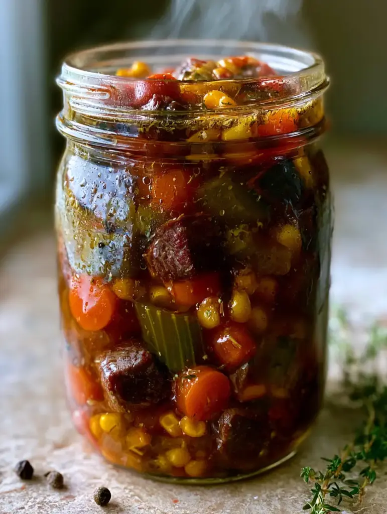 Soup to Can Recipes: The Ultimate Vibrant Vegetable Beef Jar 1 Detailed view of herb oil droplets and fresh thyme on the surface of a beef soup jar.
