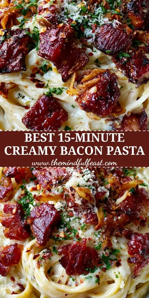 Garlic Bacon Pasta with Silky Cream Sauce and Toasted Garlic 4 A close-up of garlic bacon pasta in a white bowl showing crispy bacon, toasted garlic slivers, and silky cream sauce.