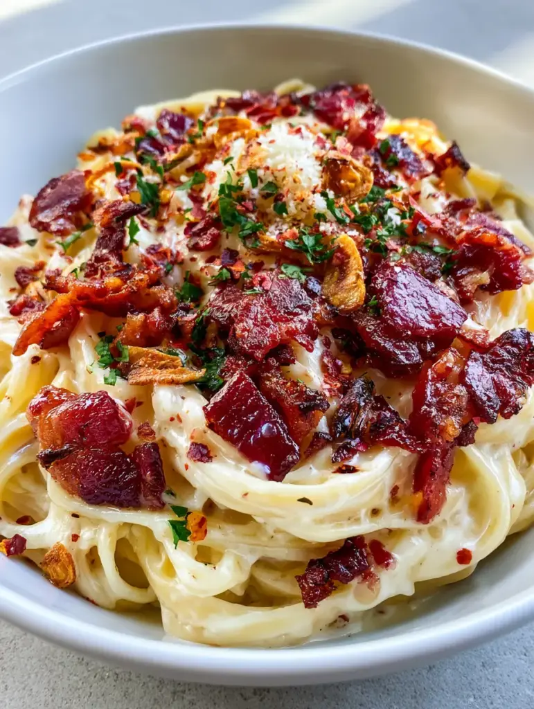 Garlic Bacon Pasta with Silky Cream Sauce and Toasted Garlic 2 Handheld photo of fettuccine swirled with heavy cream sauce, topped with jagged bacon and golden garlic slivers. (garlic bacon pasta)