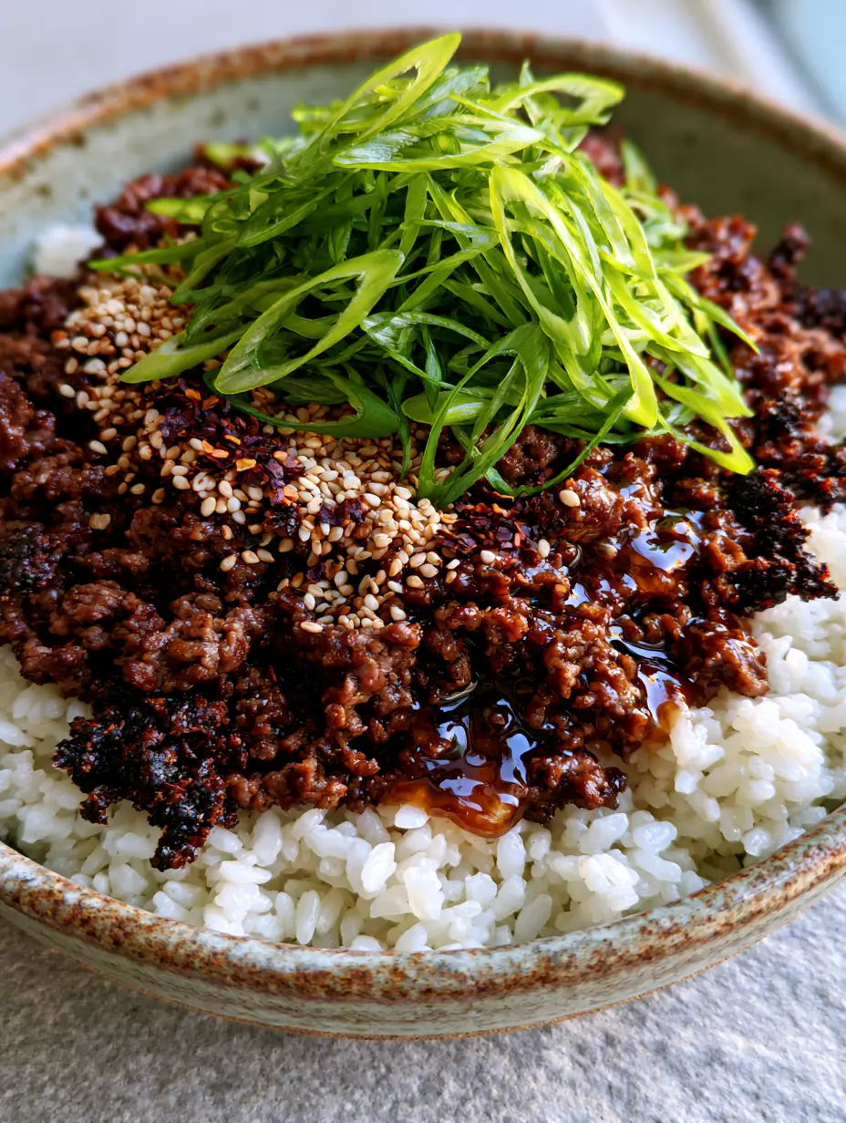 Ground Beef Bowl Recipes: The Ultimate Crispy Honey Garlic Beef Over Jasmine Rice 3 Close-up of seared crumbly ground beef with a thick dark amber honey garlic sauce on jasmine rice. (ground beef bowl recipes)