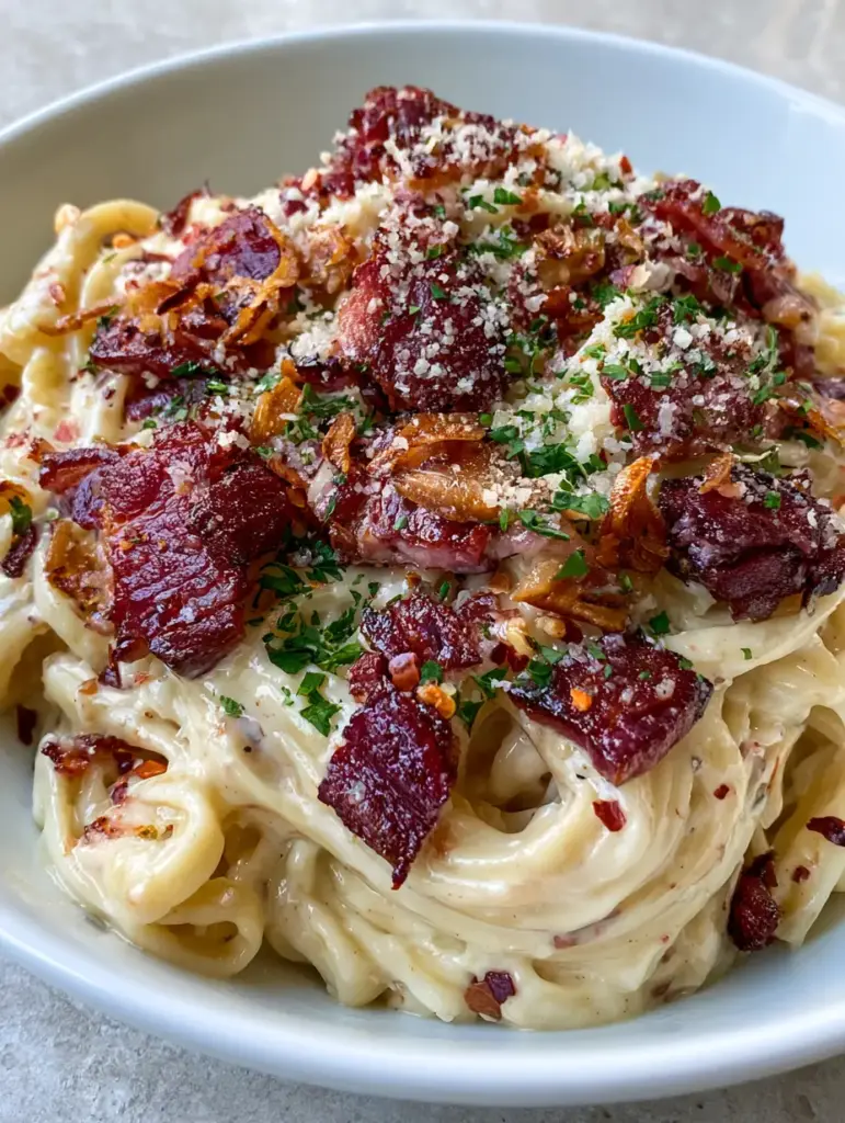 Garlic Bacon Pasta with Silky Cream Sauce and Toasted Garlic 1 Top-down view of garlic bacon pasta featuring vibrant parsley, red chili flakes, and fluffy parmesan on a gray stone background.