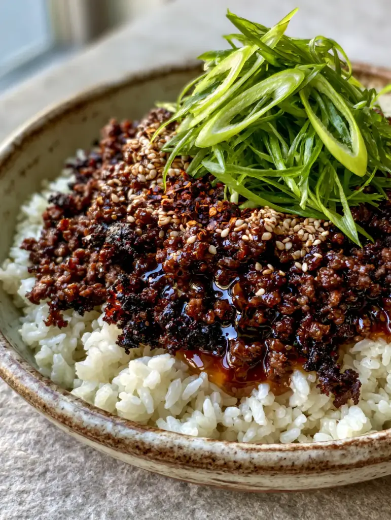 Ground Beef Bowl Recipes: The Ultimate Crispy Honey Garlic Beef Over Jasmine Rice 1 Overhead view of a rustic bowl containing ground beef bowl recipes with sesame seeds and neon-green scallions.