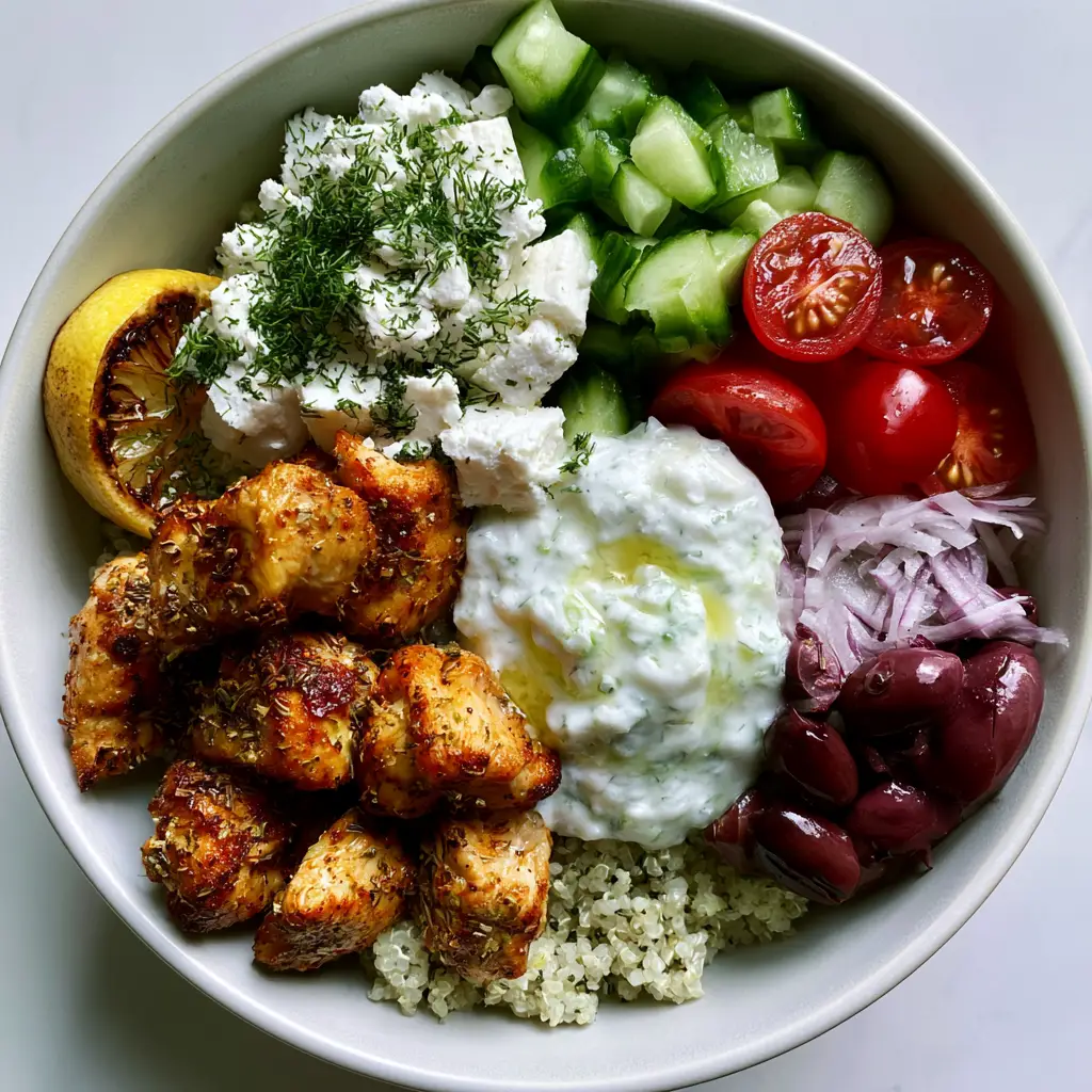 Greek Recipes: The Ultimate Lemon Herb Chicken and Quinoa Bowl 2 Vertical smartphone photo of a Greek bowl with golden-brown seared chicken and creamy tzatziki. (Greek Recipes)