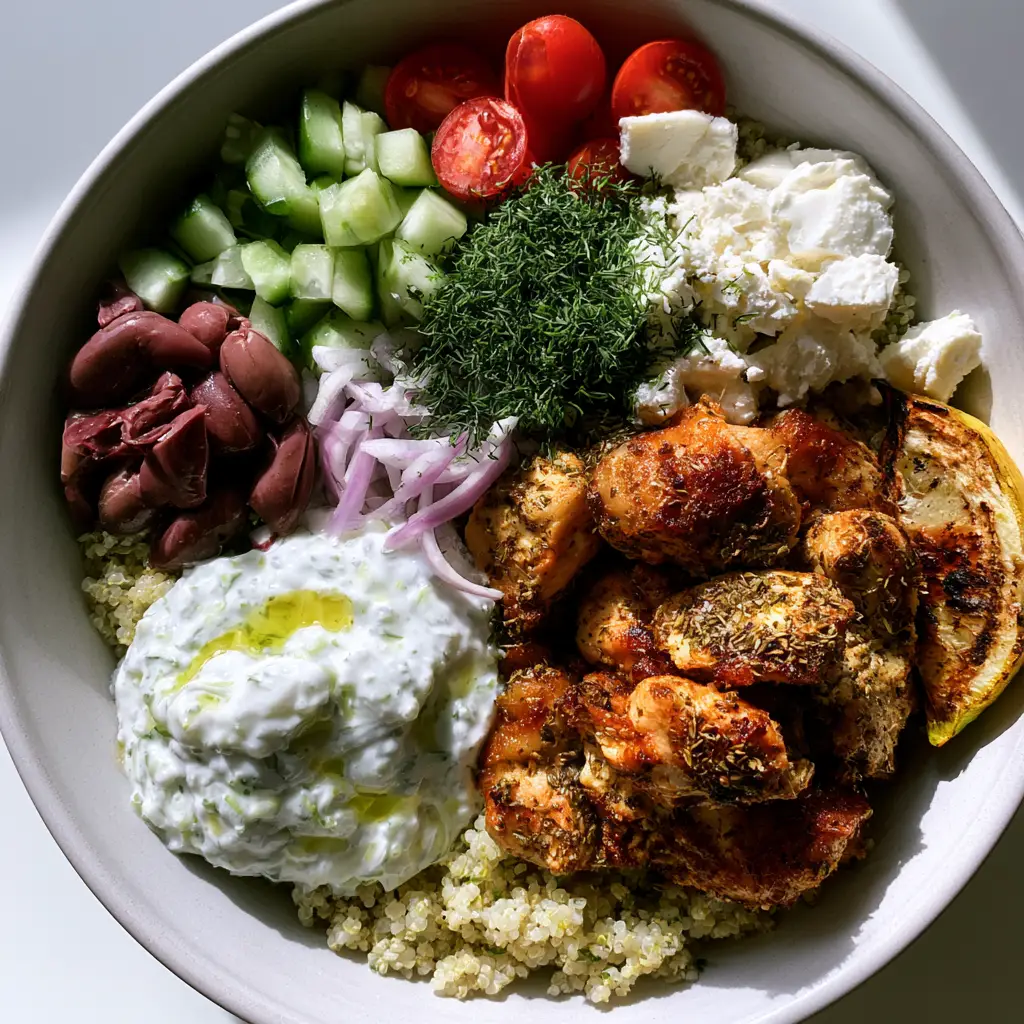 Greek Recipes: The Ultimate Lemon Herb Chicken and Quinoa Bowl 1 Authentic Greek Recipes chicken bowl showing clustered mounds of feta, olives, and tomatoes.