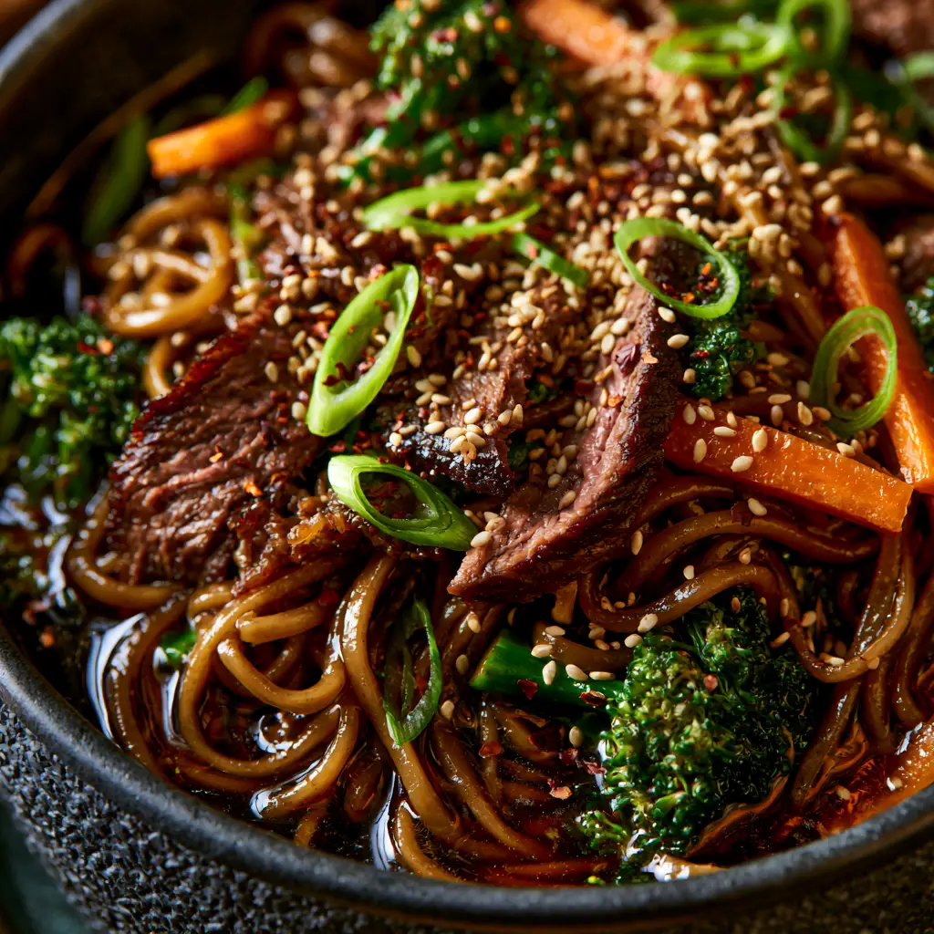 Asian dinner recipes: The Best Glazed Beef Lo Mein with Ginger and Soy 1 Close-up of bright orange julienned carrots and green scallions on a bed of dark lo mein noodles.