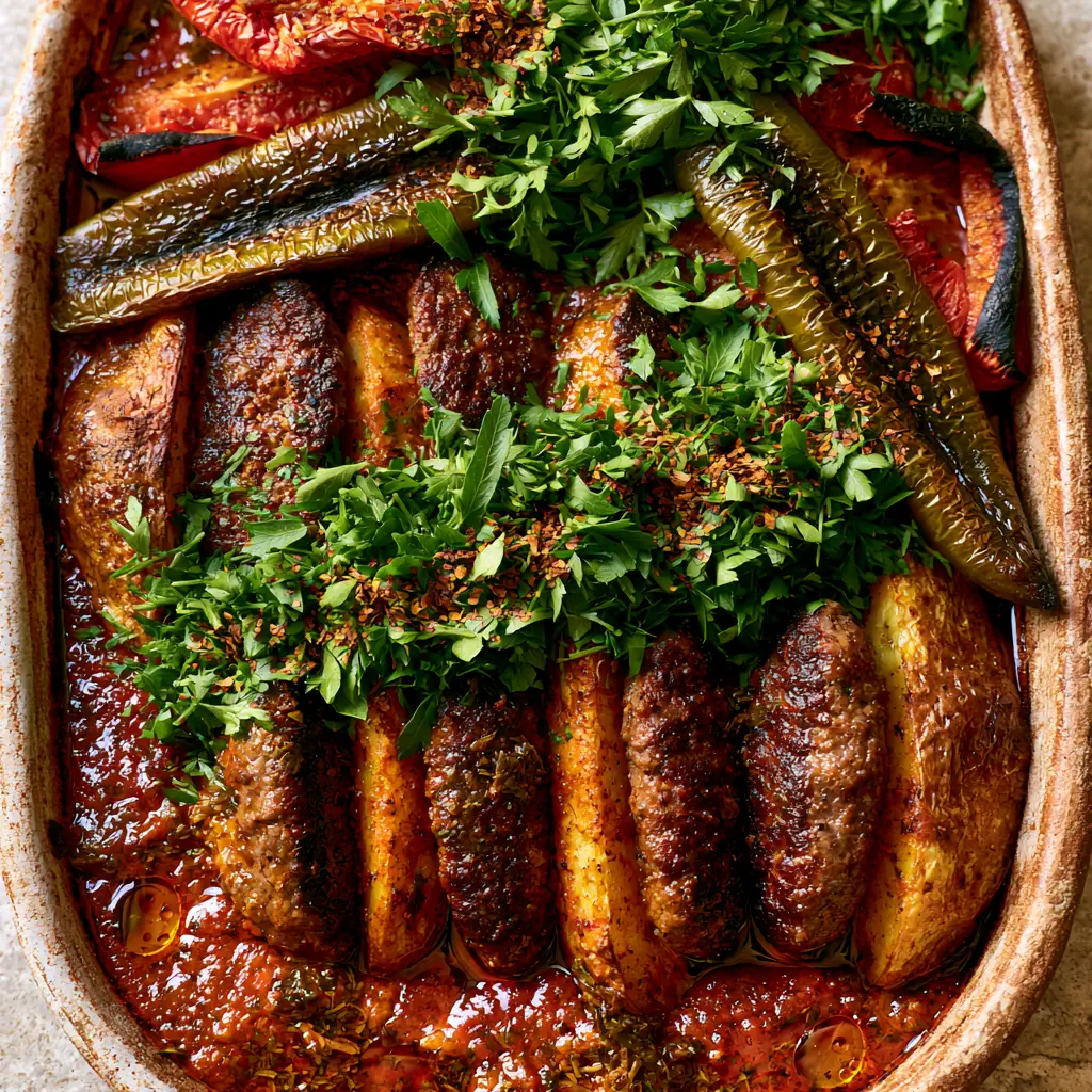 Izmir Kofte: The Ultimate Turkish Meatball and Potato Bake Guide 2 Macro photo showing the texture of seared Izmir Kofte meatballs nestled between golden-brown roasted potato wedges in a deep-red tomato sauce. (Izmir Kofte)
