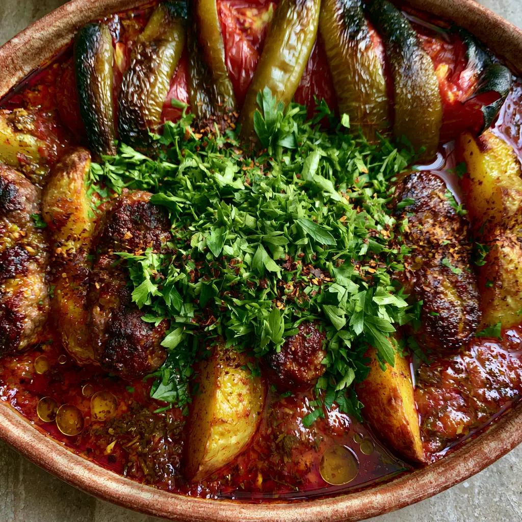 Izmir Kofte: The Ultimate Turkish Meatball and Potato Bake Guide 1 Top-down view of Izmir Kofte in a ceramic dish featuring charred long green peppers and softened tomato slices with blackened edges. (Izmir Kofte)