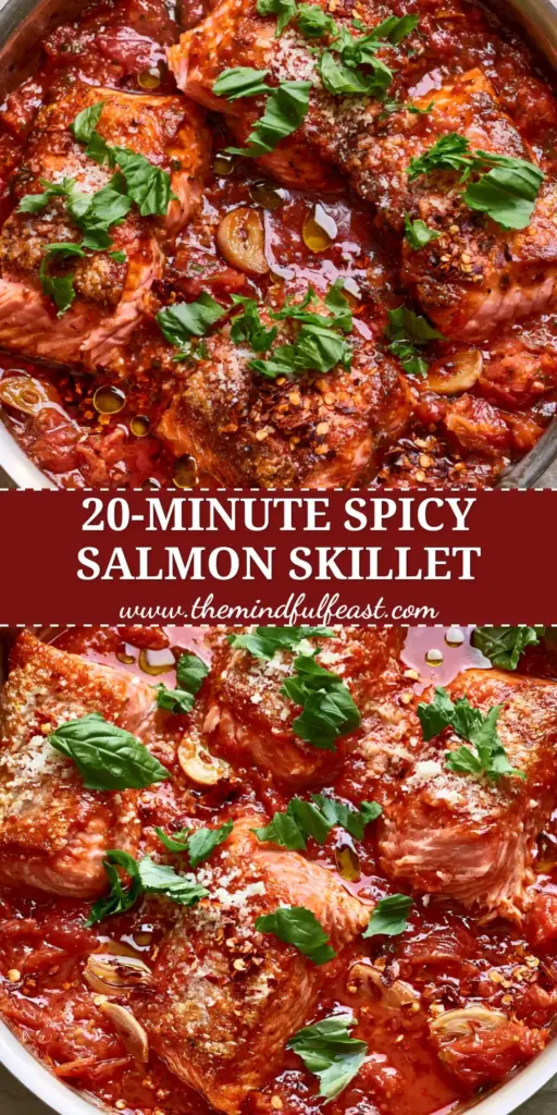 Salmon all'Arrabbiata: A Masterclass in Crispy Skin and Spicy Italian Sauce 3 A top-down shot of a stainless steel skillet with Salmon all'Arrabbiata, featuring crispy skin salmon and spicy tomato sauce.