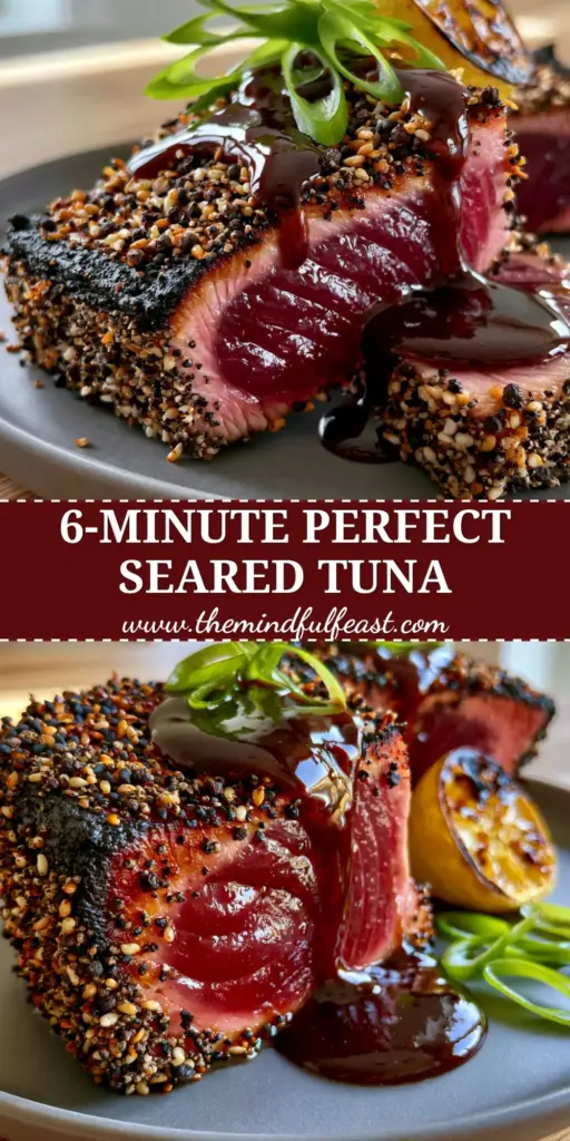 Air Fryer Tuna Steaks with Sesame Crust and Soy-Ginger Glaze 4 A smartphone photo of two thick ahi tuna steaks, perfectly seared with a dark sesame crust and a rare pink interior on a grey plate with a charred lemon. (air fryer tuna steaks)