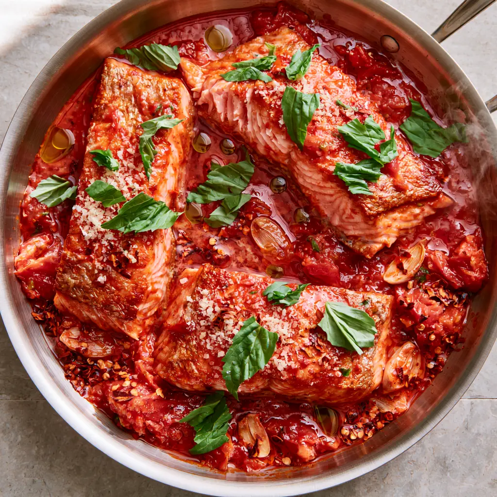 Salmon all'Arrabbiata: A Masterclass in Crispy Skin and Spicy Italian Sauce 2 Close up of pan-seared salmon fillets in a crimson-red Arrabbiata sauce with garlic and chili flakes. (Salmon all'Arrabbiata)