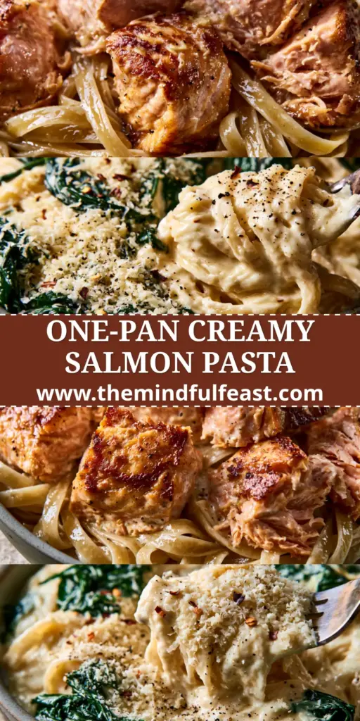 An overhead view of a rustic pan filled with creamy garlic salmon pasta, topped with wilted spinach, fresh dill, and red pepper flakes. (spinach salmon pasta recipe)