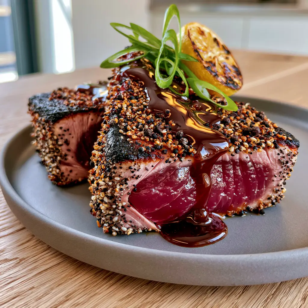Air Fryer Tuna Steaks with Sesame Crust and Soy-Ginger Glaze 2 Extreme detail of the flaky texture of seared air fryer tuna steaks with a heavy layer of sesame seeds and cracked peppercorns. (air fryer tuna steaks)