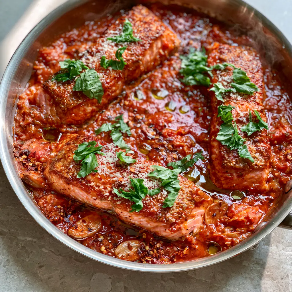 Salmon all'Arrabbiata: A Masterclass in Crispy Skin and Spicy Italian Sauce 1 Top-down view of three salmon fillets in spicy tomato sauce topped with basil and pecorino cheese.