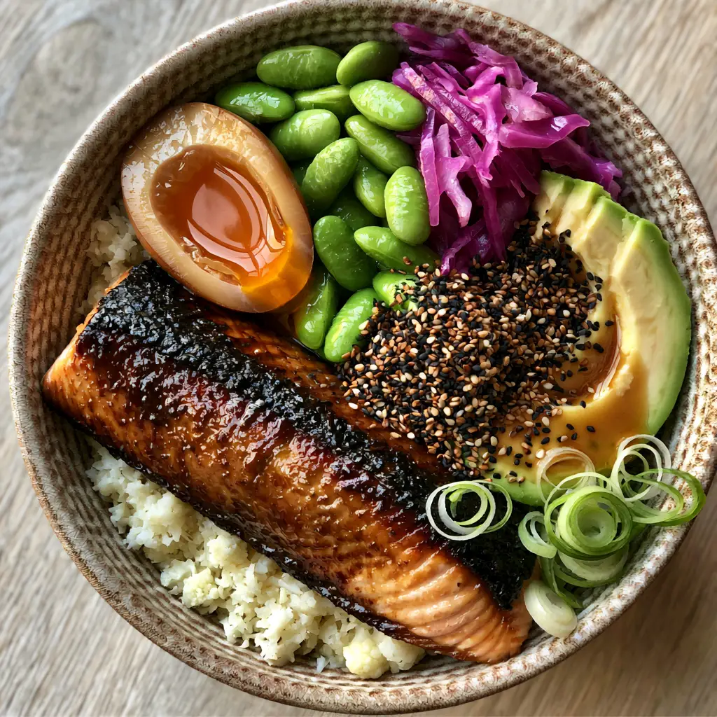 Japanese recipes for weight loss: The Ultimate Miso Salmon Cauliflower Rice Bowl 2 Close up of a seared miso salmon fillet with charred edges on cauliflower rice. (Japanese recipes for weight loss)