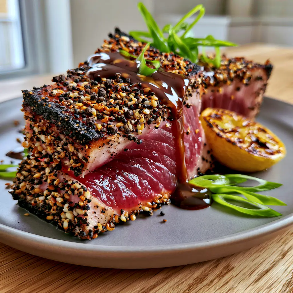 Air Fryer Tuna Steaks with Sesame Crust and Soy-Ginger Glaze 1 Sliced air fryer tuna steaks showing the ruby-red interior with a glossy soy-ginger glaze drizzle and fresh scallions.