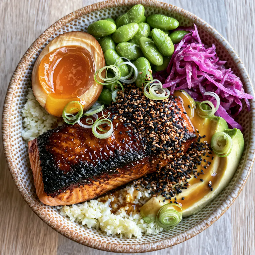 Japanese recipes for weight loss: The Ultimate Miso Salmon Cauliflower Rice Bowl 1 A top-down view of a Japanese weight loss bowl showing jammy egg and pickled cabbage.
