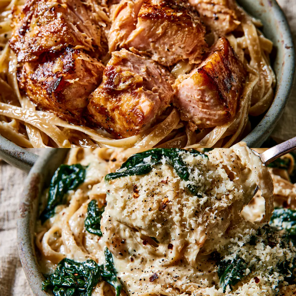 Close up shot of creamy garlic pasta noodles with wilted baby spinach and cracked black pepper. (spinach salmon pasta recipe)