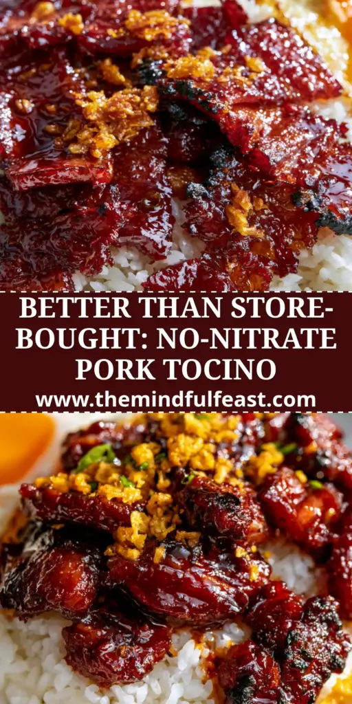 Filipino Pork Tocino: The Ultimate Sticky Mahogany Cured Pork Recipe 4 Top-down 45-degree angle shot of Filipino pork tocino with mahogany glaze, charred edges, garlic fried rice, and a sunny-side-up egg with runny yolk.