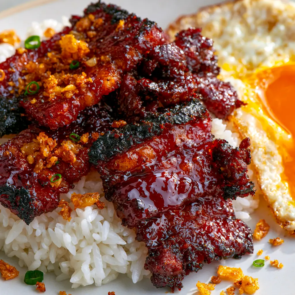 Filipino Pork Tocino: The Ultimate Sticky Mahogany Cured Pork Recipe 2 Extreme close-up of Filipino pork tocino showing glistening sticky glaze and tender muscle fibers.