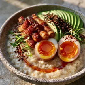 Handheld photo of creamy savory oats in a ceramic bowl with jammy eggs and bacon. (breakfast recipes)