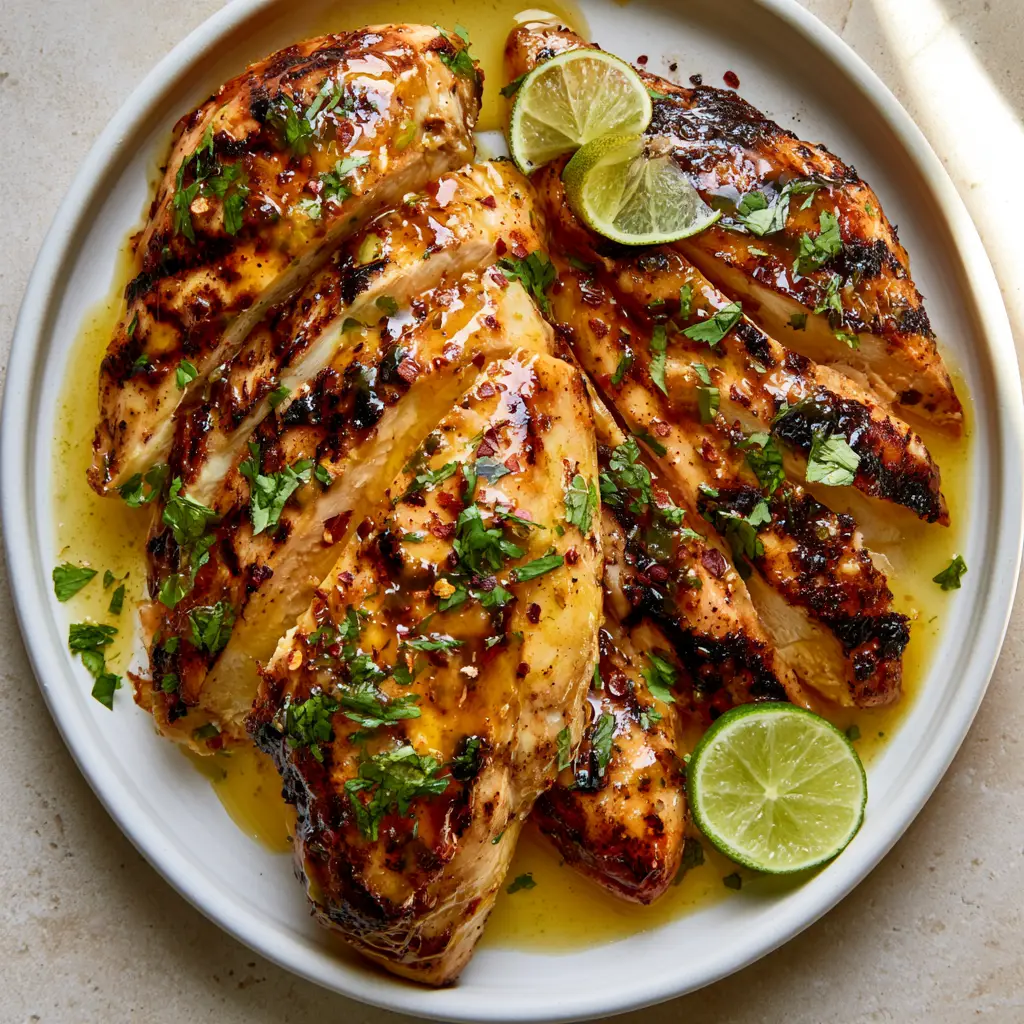 Honey Lime Chicken: The Ultimate Sticky Zesty Grilled Breast Recipe 2 Close-up of grilled Honey Lime Chicken slices featuring dark brown grill marks and a glowy golden sauce sheen.