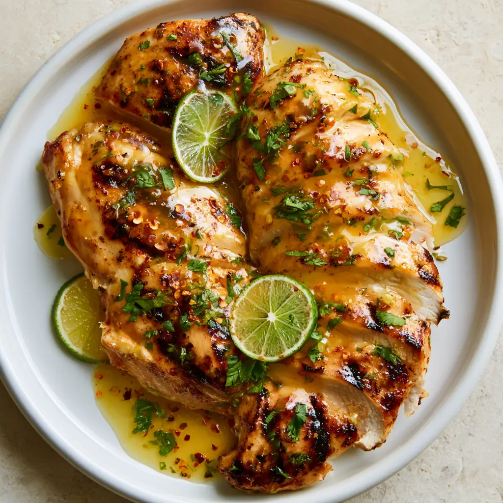 Honey Lime Chicken: The Ultimate Sticky Zesty Grilled Breast Recipe 1 Honey Lime Chicken plated on a white ceramic platter with lime wedges, red pepper flakes, and pools of lime-infused glaze.