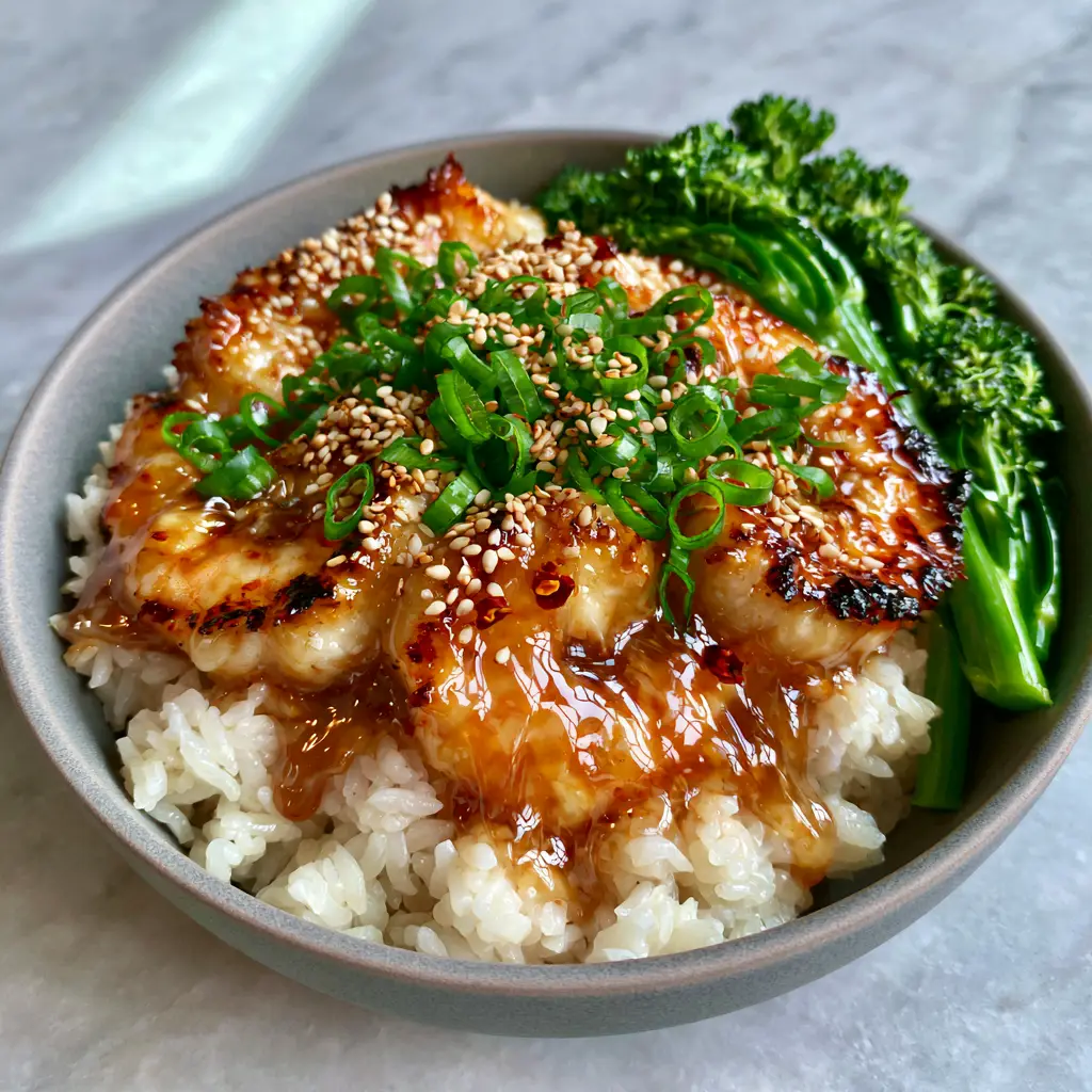 A modern grey bowl of shrimp rice bowl with vibrant green scallions, toasted sesame seeds, and steamed broccolini on a marble countertop.