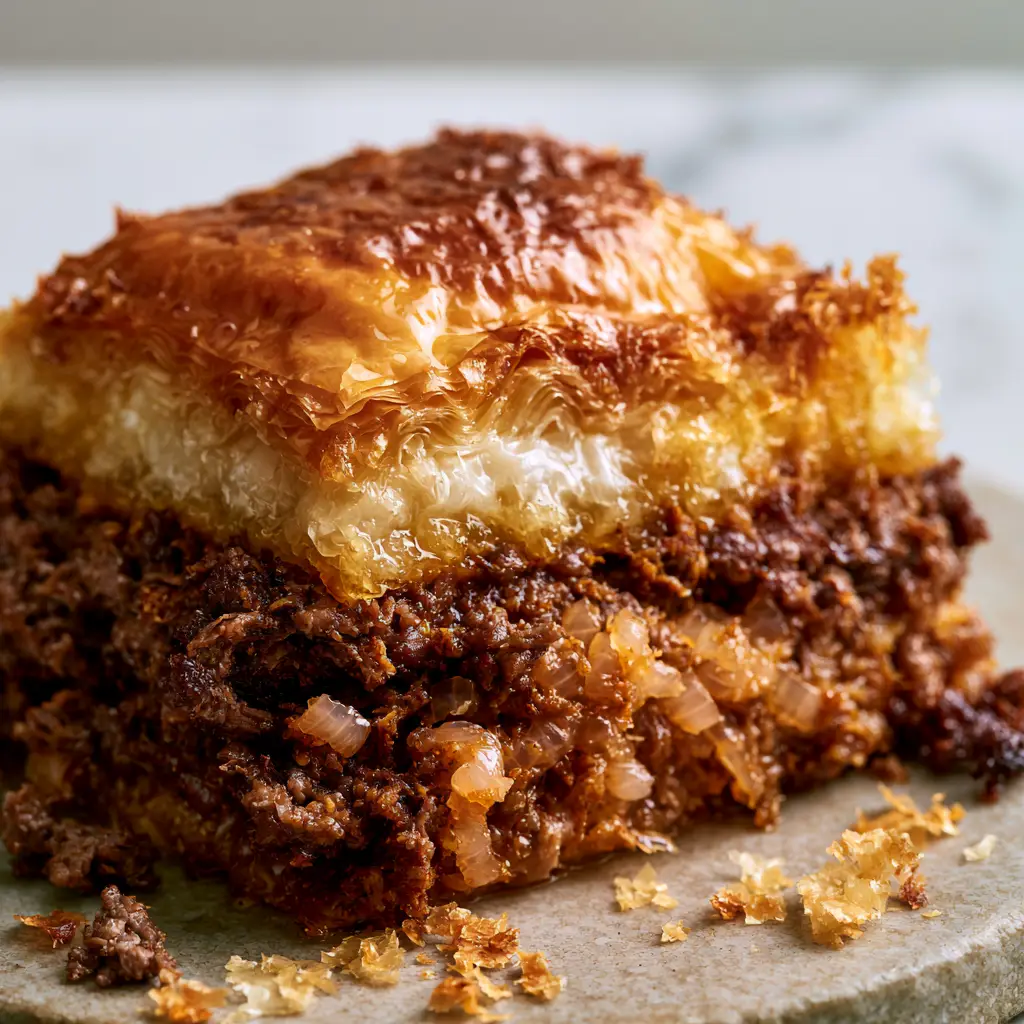 Egyptian Beef Goulash: The Ultimate Shatter-Crisp Phyllo Meat Pie 2 Extreme close-up of Egyptian beef goulash with translucent phyllo edges and toasted nigella seeds on a marble countertop. (Egyptian beef goulash)