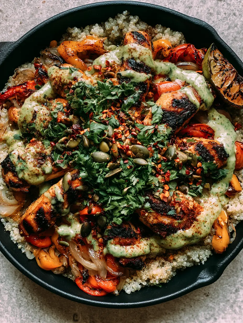 Quick Recipes: Zesty Chicken and Quinoa Skillet with Blistered Peppers 3 Juicy chicken breast strips with grill marks and blistered yellow peppers in a cast iron pan. (quick recipes)