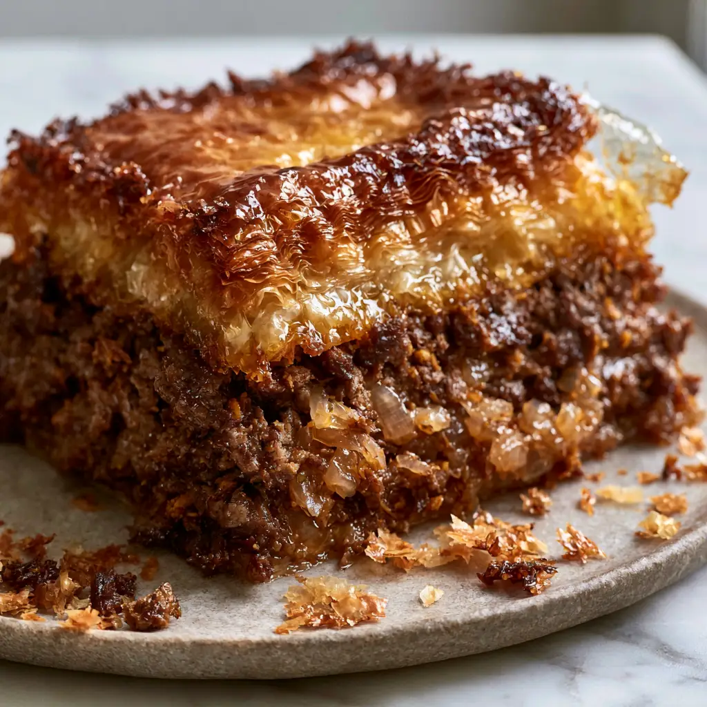 Egyptian Beef Goulash: The Ultimate Shatter-Crisp Phyllo Meat Pie 1 Cross-section view of Egyptian beef goulash showing the dense, juicy seasoned ground beef and sautéed onions.