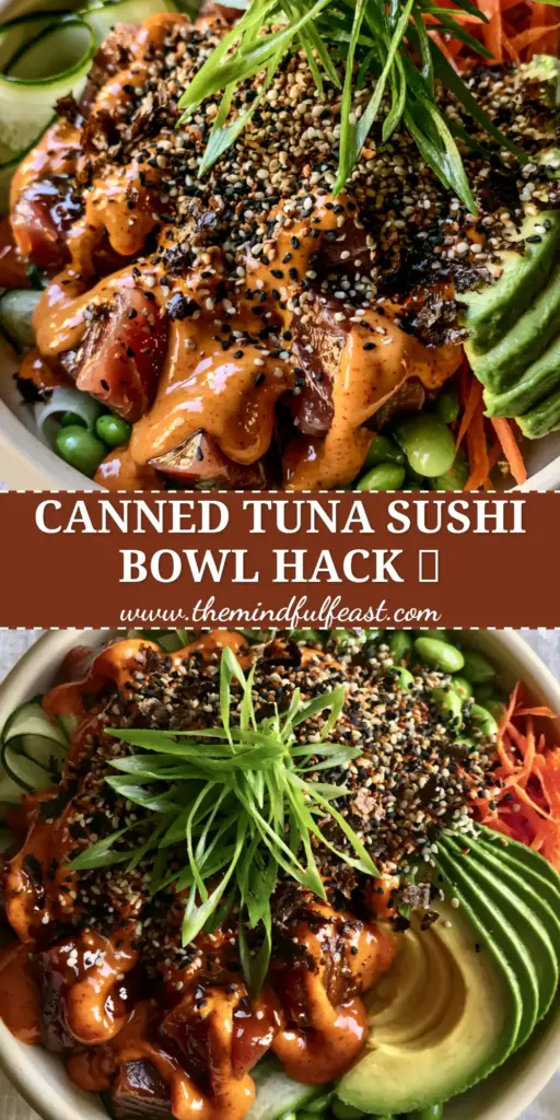 Tuna Avocado Bowl with Spicy Sriracha Aioli 4 A gourmet tuna avocado bowl with flaky chunks of tuna, a thick orange sriracha aioli drizzle, fanned avocado, and cucumber ribbons in a cream ceramic bowl. (tuna avocado bowl)
