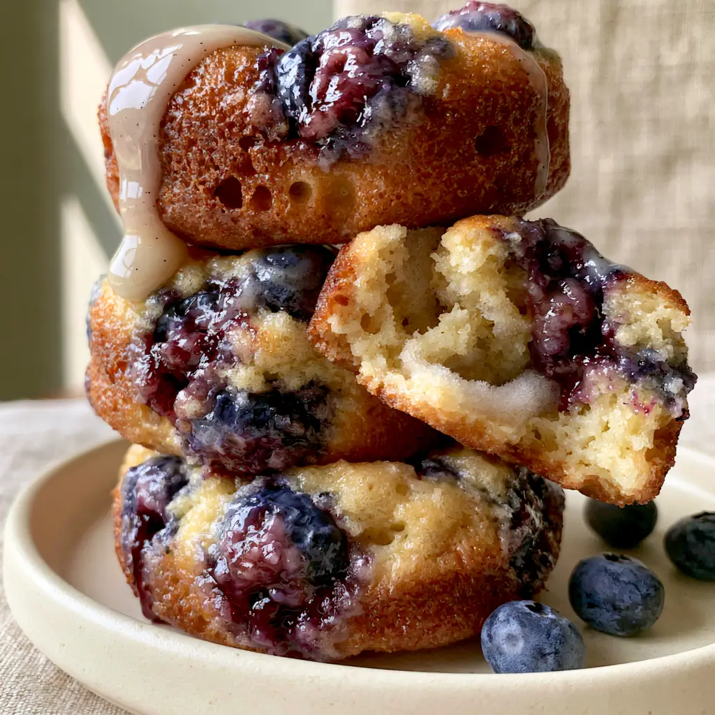 Baked Blueberry Donuts with Thick Vanilla Bean Glaze 2 Macro close-up of baked blueberry donuts showing the golden-brown crumb and jammy purple juice bleeding into the cake. (baked blueberry donuts)