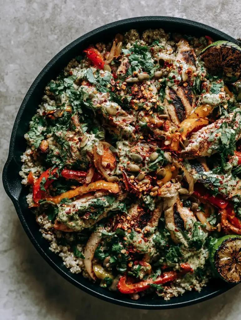 Quick Recipes: Zesty Chicken and Quinoa Skillet with Blistered Peppers 1 Cast iron skillet filled with quinoa, chicken, and charred lime wedge on a stone background. (quick recipes)