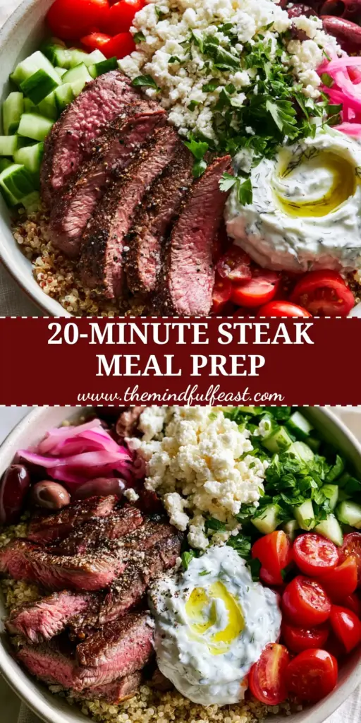 Mediterranean Steak Bowl with Fluffy Quinoa and Creamy Tzatziki 4 A top-down photo of a Mediterranean steak bowl featuring medium-rare steak, quinoa, tzatziki, and fresh vegetables on a marble surface.
