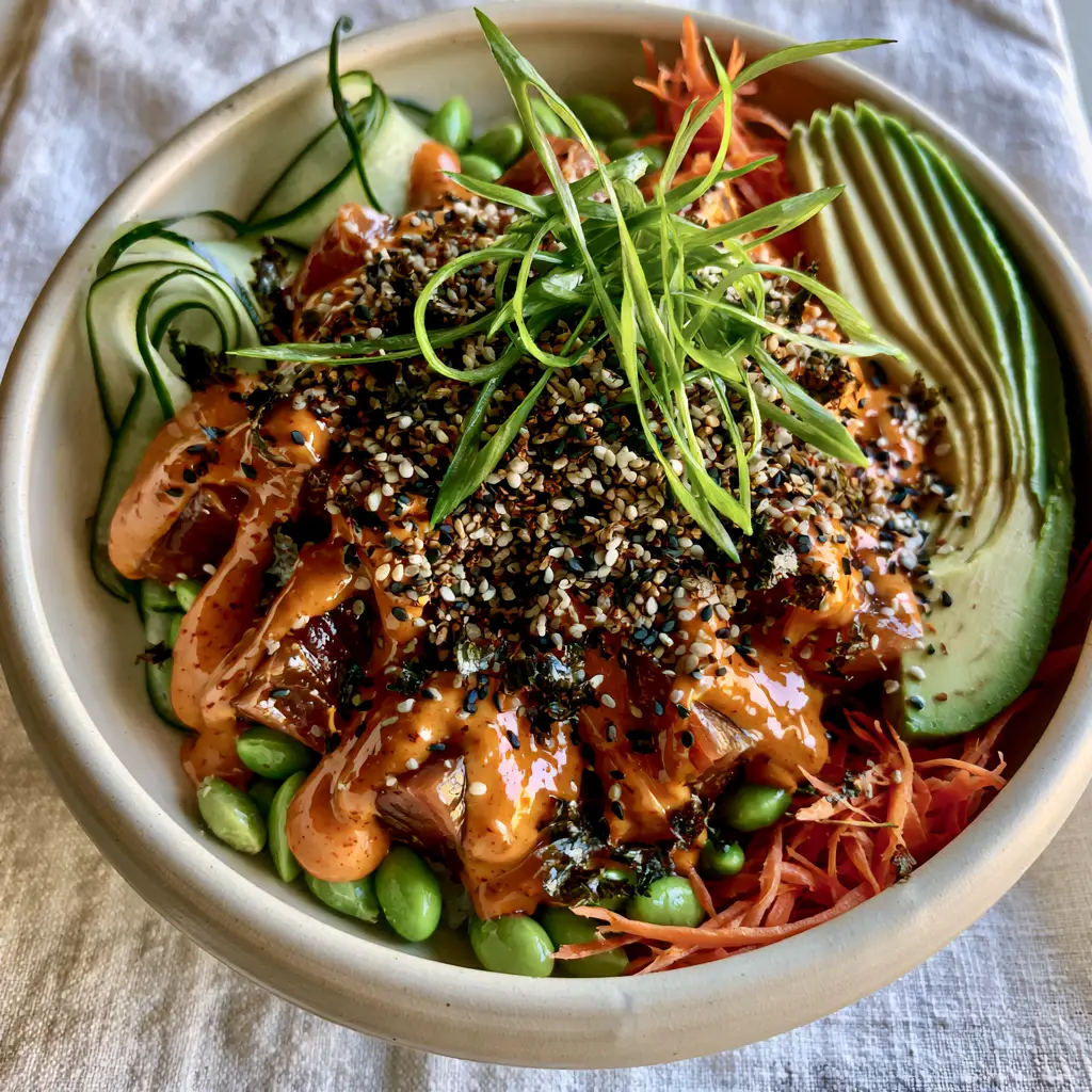 Tuna Avocado Bowl with Spicy Sriracha Aioli 2 Overhead macro shot of a tuna avocado bowl showcasing glossy tuna chunks and vibrant green edamame. (tuna avocado bowl)