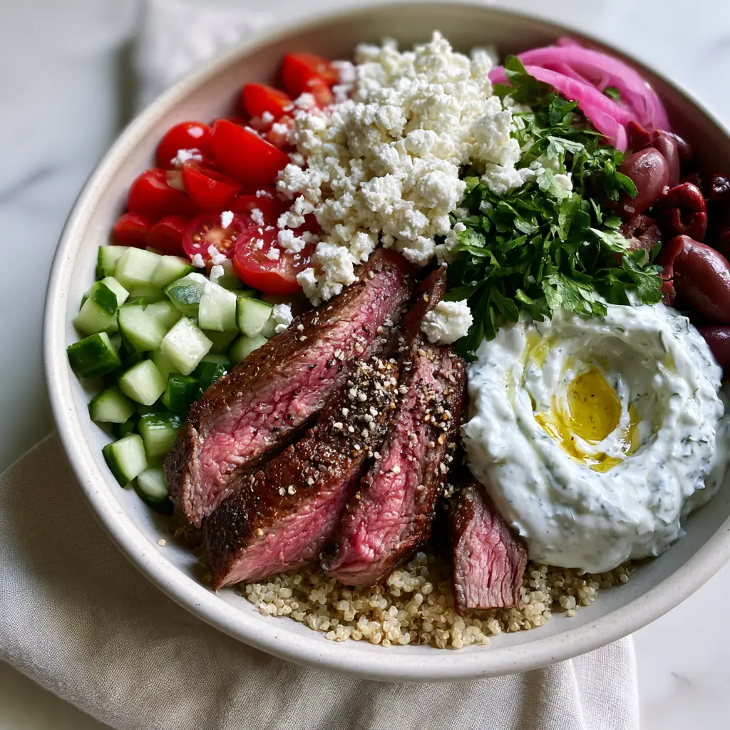 Mediterranean Steak Bowl with Fluffy Quinoa and Creamy Tzatziki 2 Close up of a Mediterranean steak bowl with visible pink medium-rare steak centers and creamy tzatziki sauce.