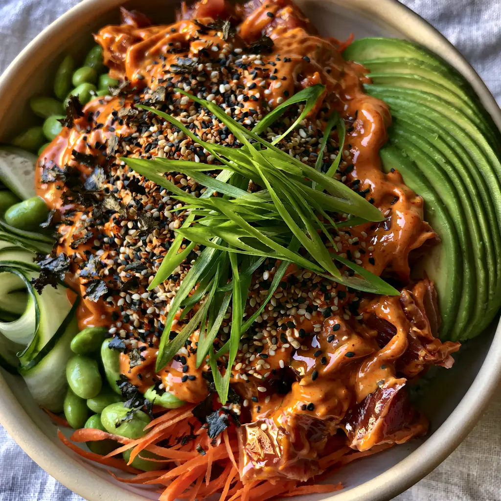 Tuna Avocado Bowl with Spicy Sriracha Aioli 1 Close-up of shaved cucumber ribbons and fanned avocado in a tuna avocado bowl with sesame seed dusting.