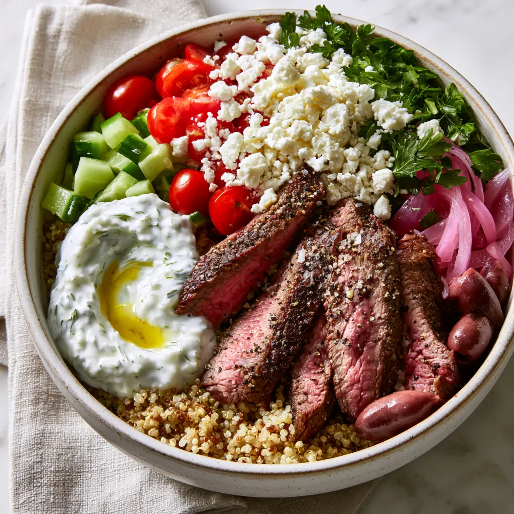 Mediterranean Steak Bowl with Fluffy Quinoa and Creamy Tzatziki 1 Overhead view of a Mediterranean steak bowl with feta cheese, olives, and pickled red onions.
