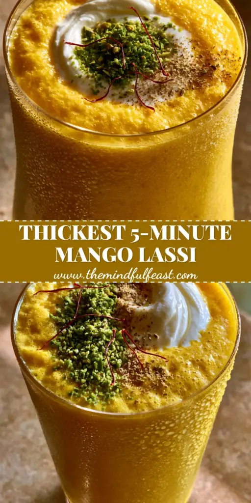 Mango Lassi: The Ultimate Guide to the Creamiest Indian Yogurt Drink 4 A close-up of a thick mango lassi with a yogurt swirl, green pistachios, and red saffron threads on a stone surface. (mango lassi)