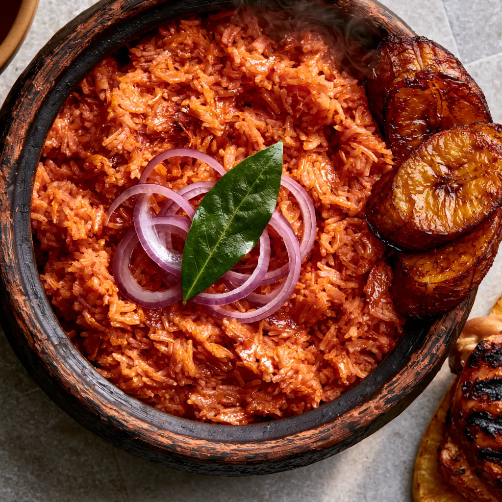 Nigerian Jollof Rice: The Ultimate Smoky One-Pot Masterpiece 2 Top-down view of glistening Nigerian Jollof Rice grains in an earthenware pot with steam rising.